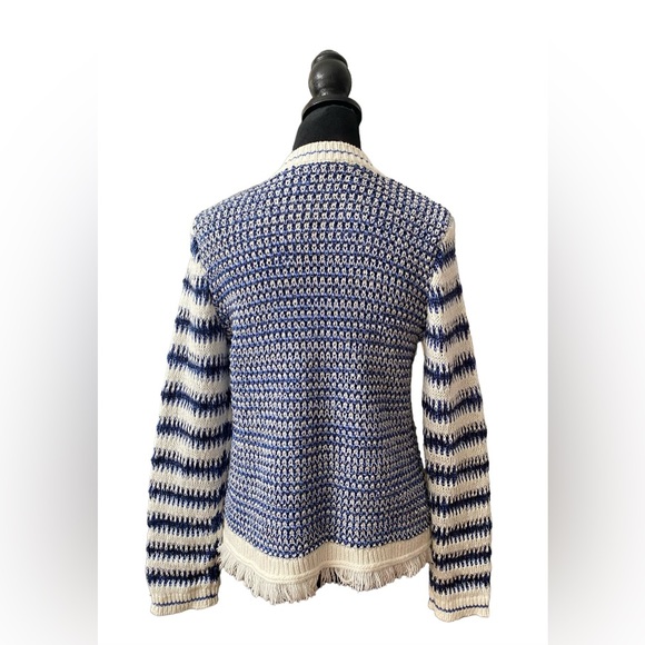 Talbots: Blue and White Mix Textured Jacket Sweater with Fringe Trim - Picture 9 of 17